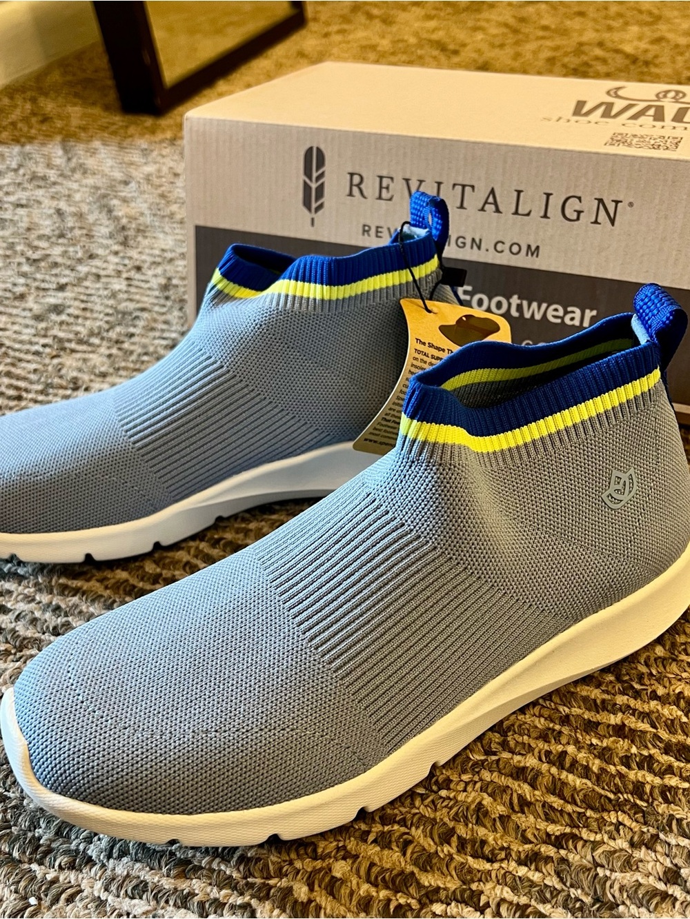 Spenco Men’s Light Blue Knit Slip-On Sneakers with Navy & Yellow Trim